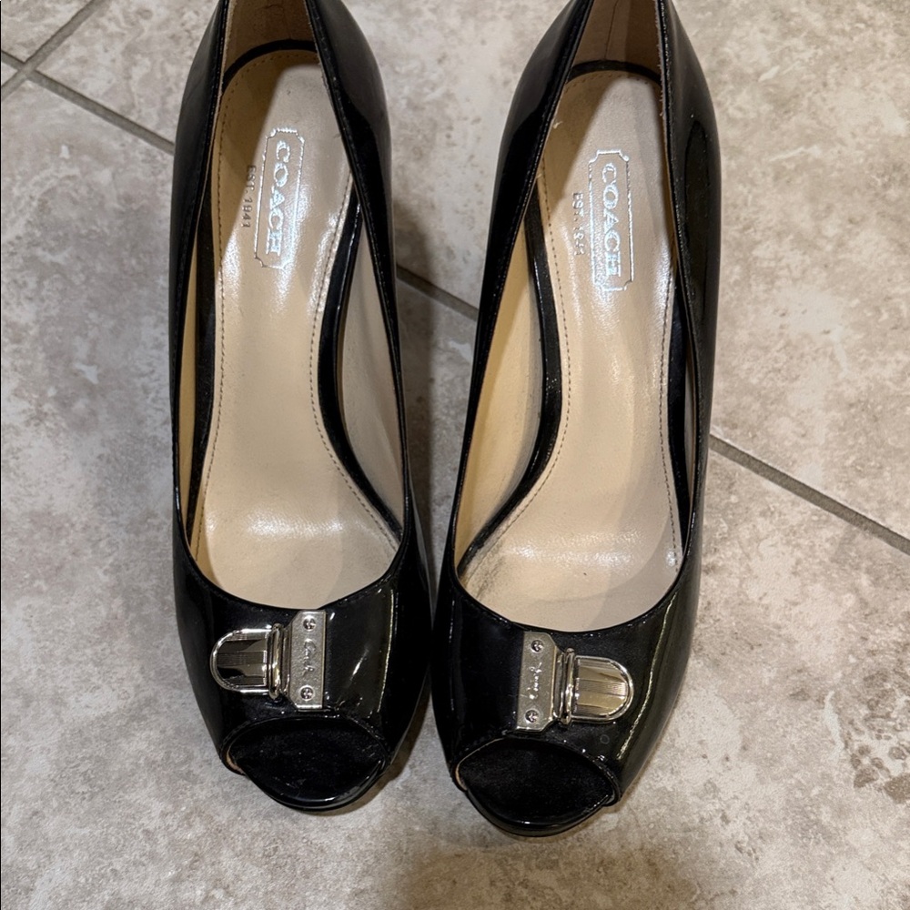 Coach Glossy Black Peep Toe Heels